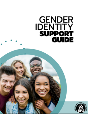 PPS Gender Identity Support Guide in black with circular photo of five students huddled together facing forward and smiling